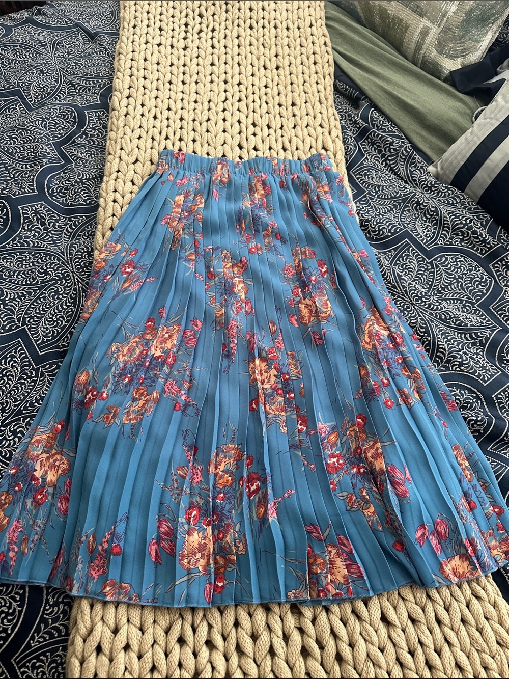 Zara Blue Pleated Floral Midi Skirt